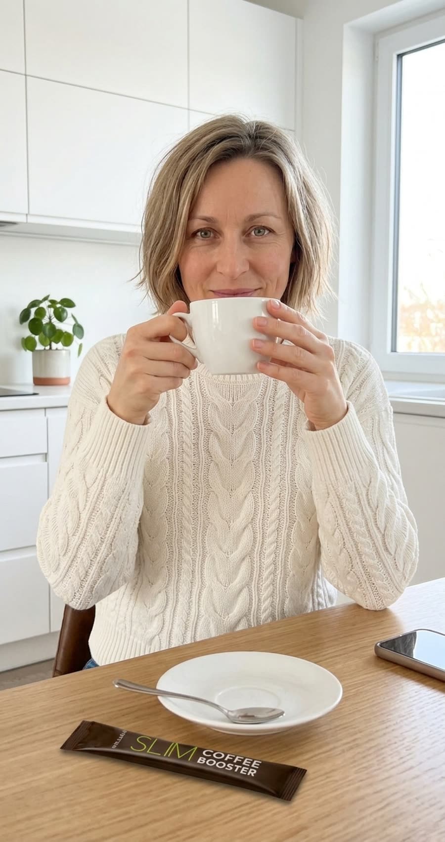 Katrin Böhm mit ihrem Morgenkaffee und einem Beutel Slimqa Slim Coffee Booster auf dem Tisch