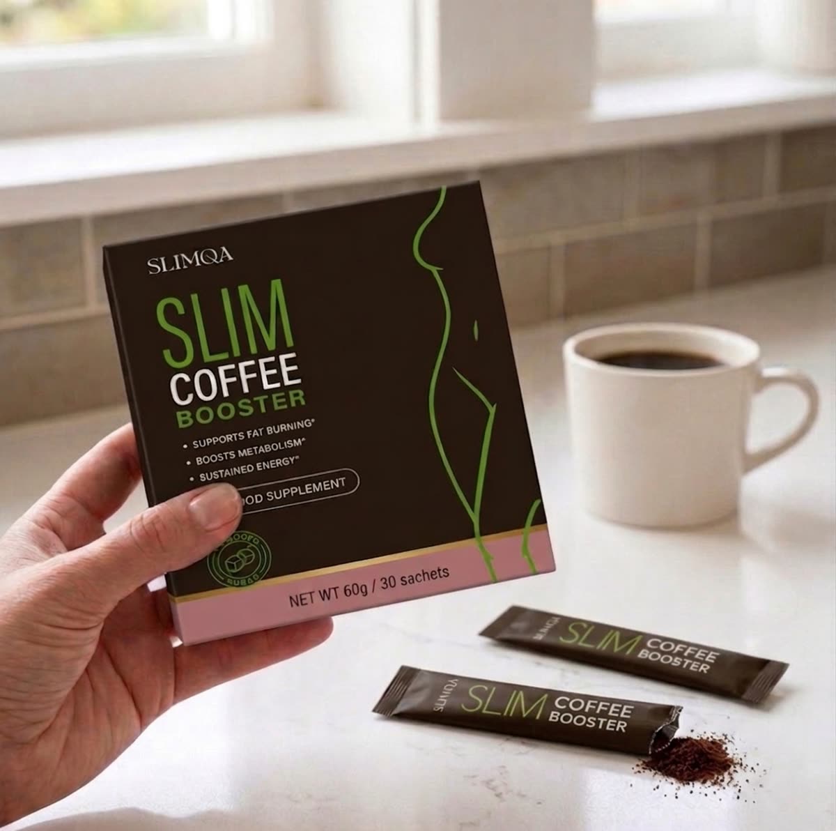 Slimqa Slim Coffee Booster Packung mit 30 Beuteln und zwei Sachets